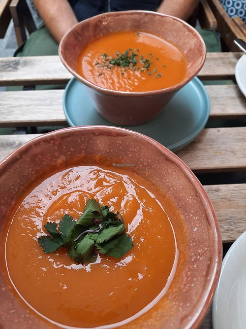 Pumpkin soup and carrot soup at Pura Vida in Gran Canaria