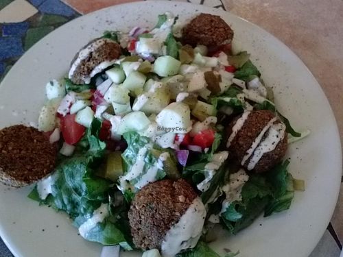 Vegan falafal salad with tahini sauce. After taking the pickles out, it was sooo good

(I order with No Pickles now)Its my fave! at Pita Jungle in Tempe