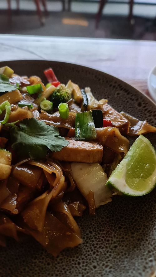 Flat rice noodles, vegan option at Thai On Charles in Seddon