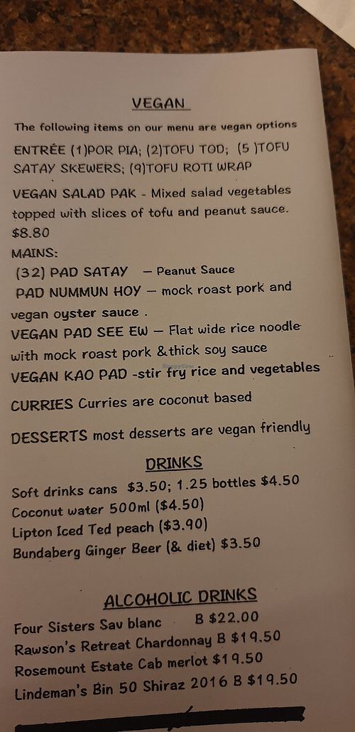 Vegan menu at Thai On Charles in Seddon