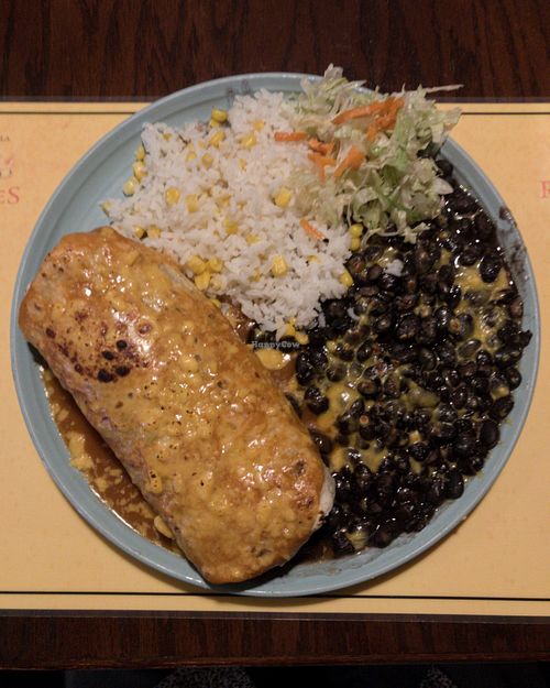 Red salsa vegan burrito with soy cheese    at South of the Border in Desert Hot Springs