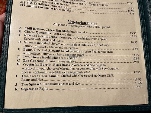 Vegetarian menu section  at South of the Border in Desert Hot Springs