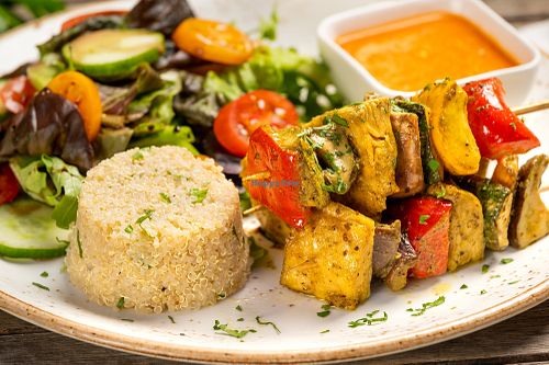 Vegan Brochette (tofu, veggies...) with organic quinoa and salad, and a homemade pepper sauce at Aberdeen Street in Hong Kong Island