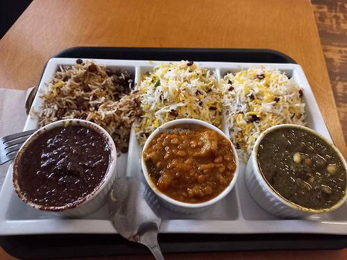 Vegan plate with 3 sauces and 3 rices (took twice the same rice) at Persian FoodBox in Luxembourg City