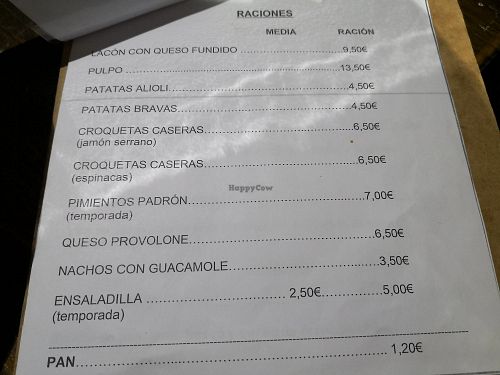 Menu at Las Monchas in Ourense