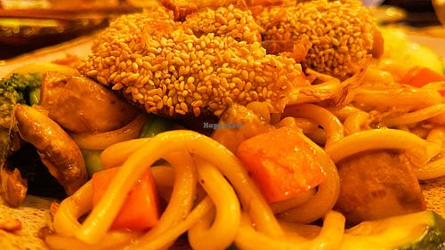 Udon noodles with vegan 'duck' and peanut sauce. at Quan Xanh in Leipzig
