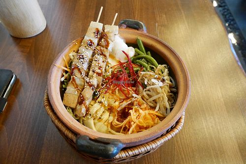 Bamboo Forrest (udon noodles with bamboo sprouts, sesame, princess beans, yakitori skewers, green tea sauce) at Secret Garden in Berlin