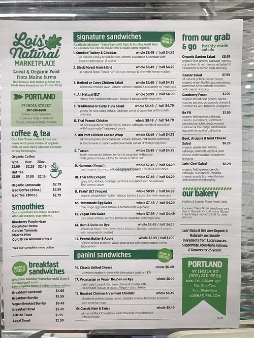 Deli menu at Lois' Natural Marketplace in Portland