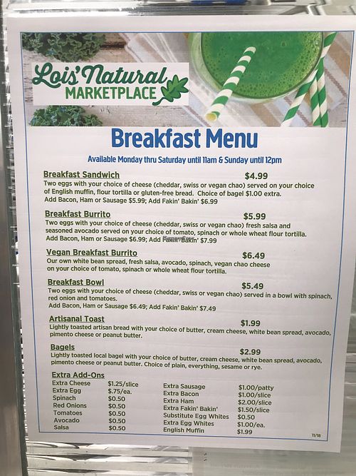 Breakfast menu at Lois' Natural Marketplace in Portland