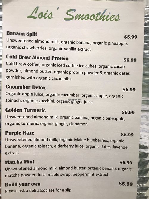 Smoothie menu at Lois' Natural Marketplace in Portland