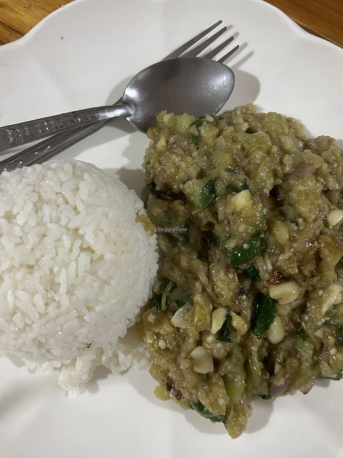 Smashed aubergine with rice  at Sabaïdee in Phonsaly