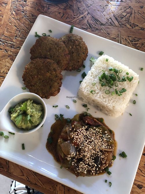Falafel menu del dia with rice and ratatouille  at Cafe del Mundo in Mancora