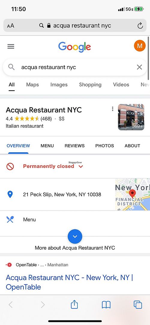 Google update of restaurant closure at Acqua in New York City
