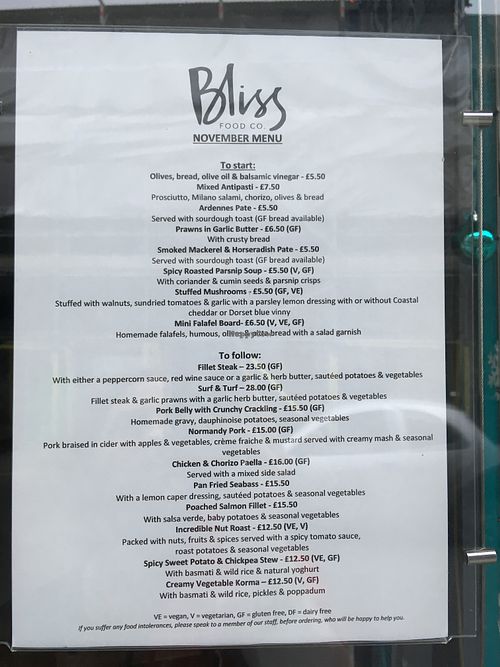 The main menu as of 2018-12 at Bliss in Swanage