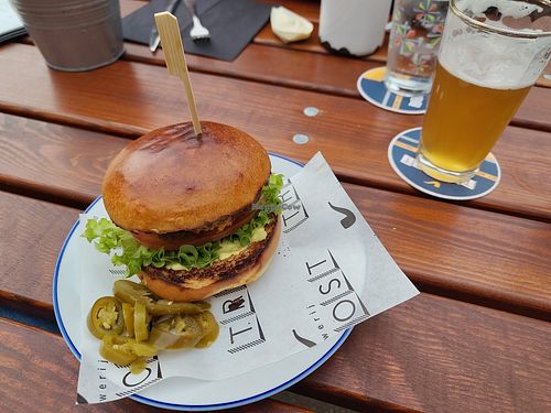 Vegan burger (brioche bun, patty, sauce, cheese = all vegan) at Brouwerij Troost - Westergas in Amsterdam