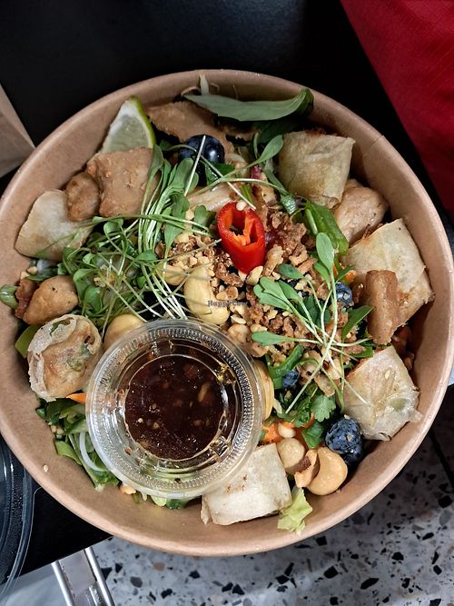 Bowl with spring rolls, vegan chicken and rice noodles at Yummy Bowl in Brussels