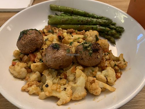 Beyond meat Meatballs with cauliflower and asparagus.  at Silver Diner in Elkridge