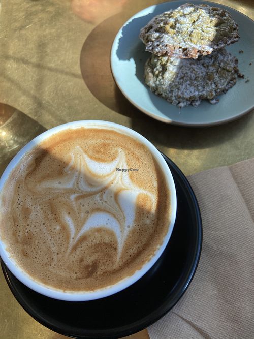 Coconut milk latte and vegan matcha cookie at Picnic in Jackson