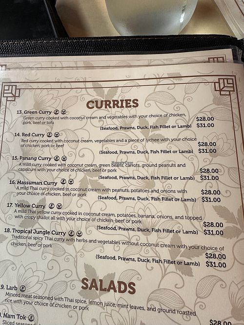  Vegan options clearly markedd  at Thai Thani in Tauranga