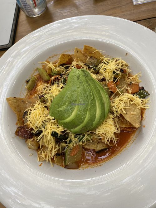 Vegan chilaquiles, vegan cheese, no cream, no egg  at Orgánico in Merida