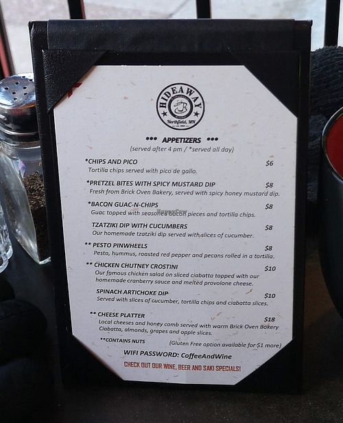 Part of the menu at The HideAway Coffeehouse and Winebar in Northfield