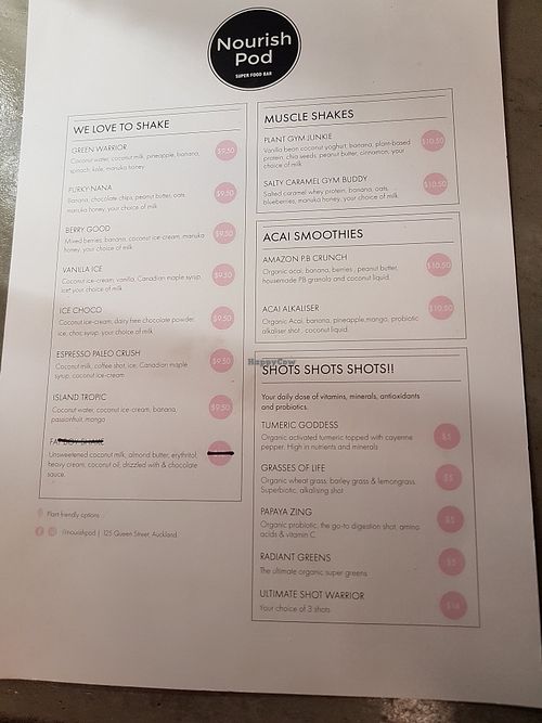Menu at Nourish Pod in Christchurch