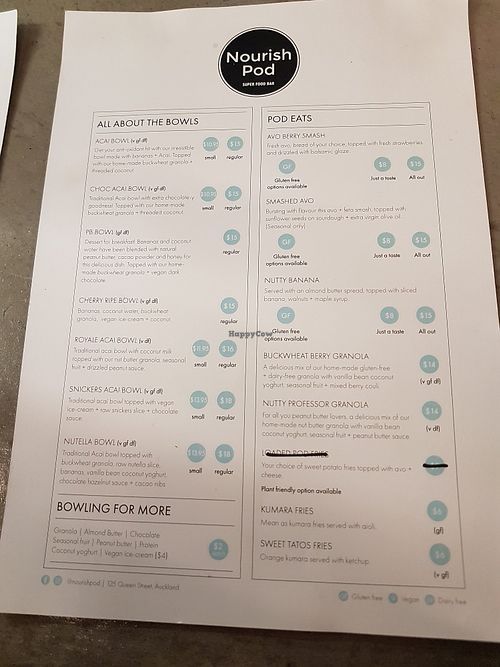 Menu at Nourish Pod in Christchurch