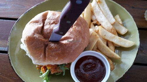 Vegan burger with chips and sauce ($17.50) at The Malthouse in Warwick