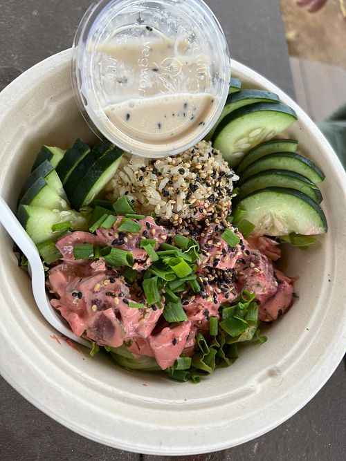 Spicy poke bowl at Raised by the Waves  in Kahuku