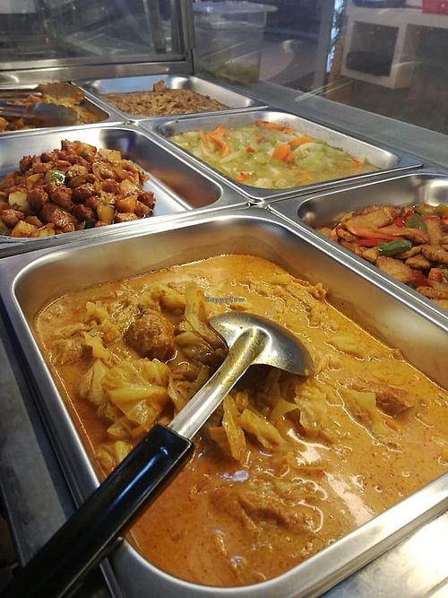 buffet selection with curry vegetables in the foreground
photo credit to Daniel Chai at Vegetarian Food in Central Singapore