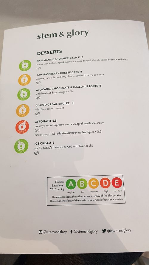 Menu at Stem & Glory in London