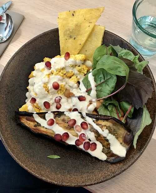 Chickpea, tofu, eggplant curry with polenta wedges at Stem & Glory in London