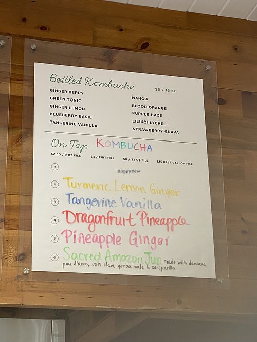 Kombucha menu  at Kauai Juice Co. in Koloa