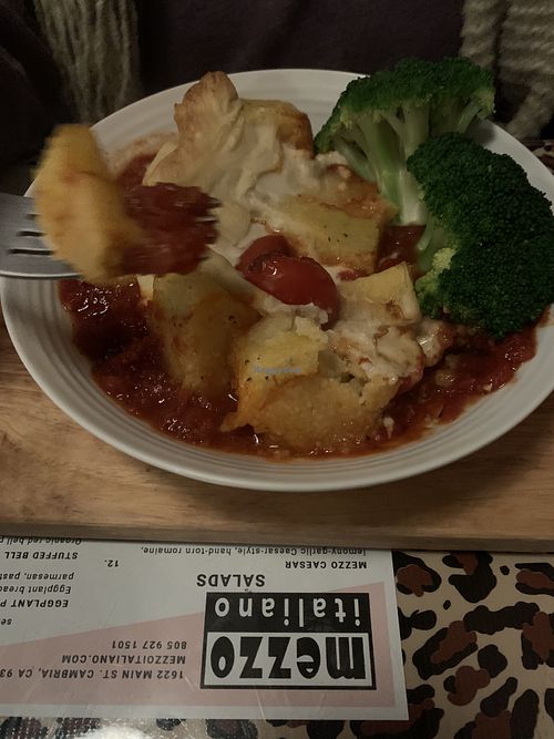 Delicious!  Where else can I get eggplant parmigiana made with their homemade vegan cheeze!  We also had the polenta   at Mezzo Italiano in Cambria