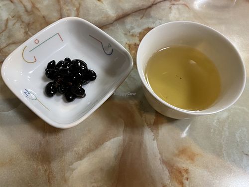 Tea and sweet beans (complimentary at start of meal) at K Kitchen Green in Myoko