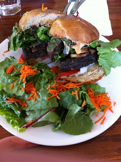 Blackbean-Quinoa Burger with side salad (no dressing) at Wildflower Cafe and Bakery in Arcata