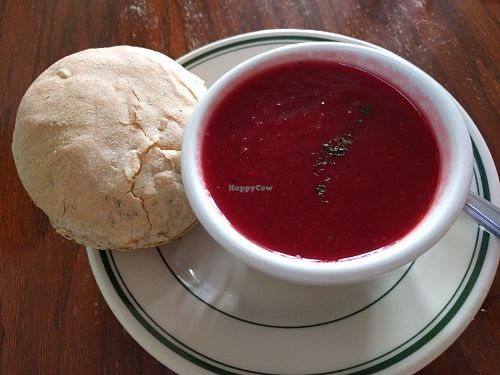 Soup du jour - sweet and sour beet-dill borscht at Wildflower Cafe and Bakery in Arcata