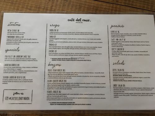 menu at Café Del Mar in Bocas Del Toro