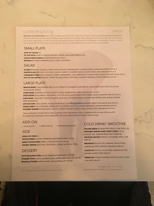 Menu on opening week  at Community Restaurant in Oakville