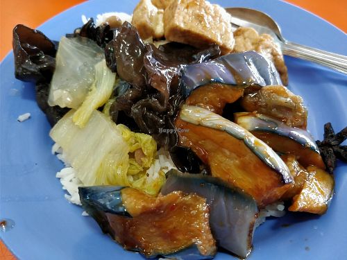 brinjal, black fungus, tofu and white rice at Ru Lai Vegetarian - Stall 108 in Northeast Singapore