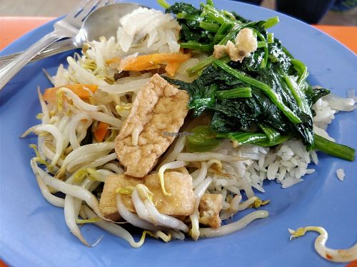 Green vegetables, bean sprouts, tofu and white rice at Ru Lai Vegetarian - Stall 108 in Northeast Singapore