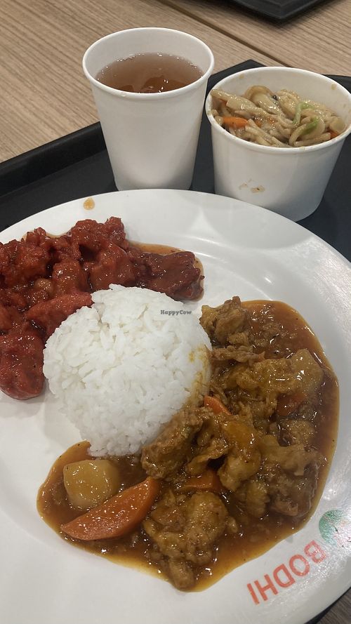 Sweet n sour, caldareta, fried noodles, rice and iced tea  at Bodhi in Metro Manila