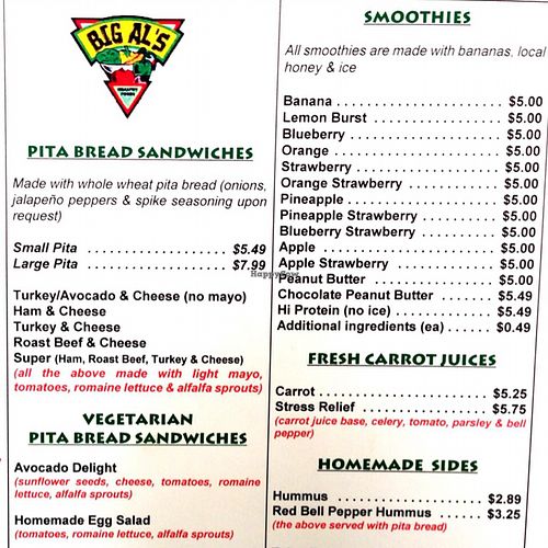 some of the menu at Big Al's Healthy Foods in Tulsa