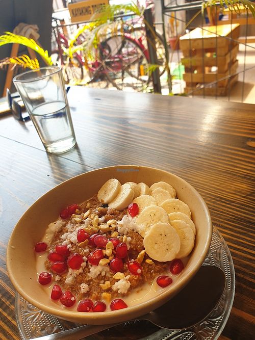 Oats with quinoa and fruits, nuts, coconut.  Nicely presented. at Breath in Fort Kochi