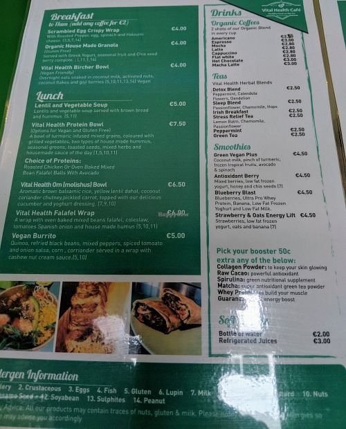 Menu page 1 of 2. at Vital Health Cafe in Wicklow