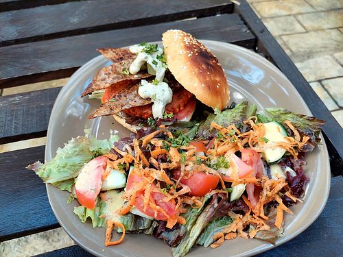 Soy burger with "bacon" at Coco Calala in Leon