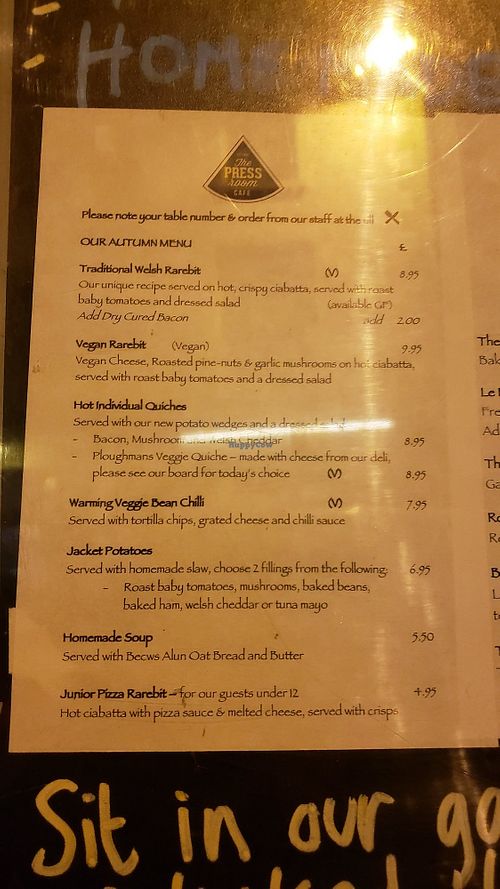 Menu 2 at The Press Room Cafe in Conwy