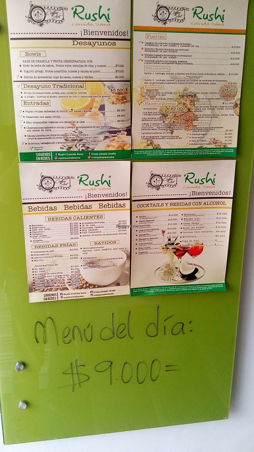 The menu at Rushi Comida Sana - Calle 28 in Manizales