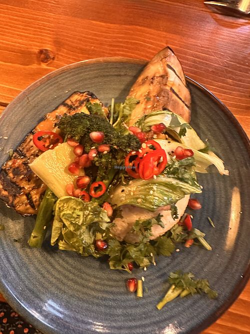 Glazed miso aubergine with pak shoy, broccoli and rice.  at Waterfront in Plymouth