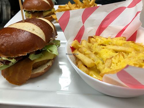 Burger & cheezey chips at Vegan House Cafe in Rushden